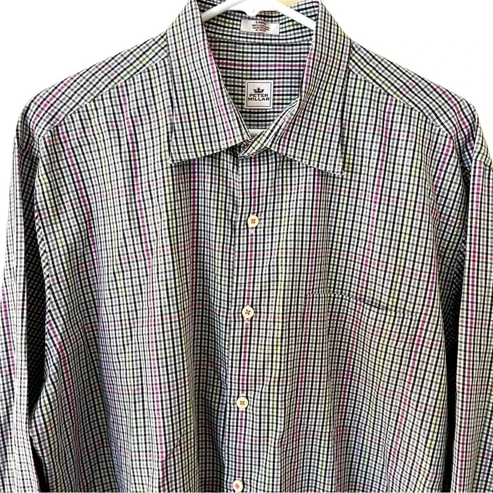 Peter Millar Men’s Large Plaid Green Pink Long Sleeve Button Down Dress Shirt - Picture 2 of 7